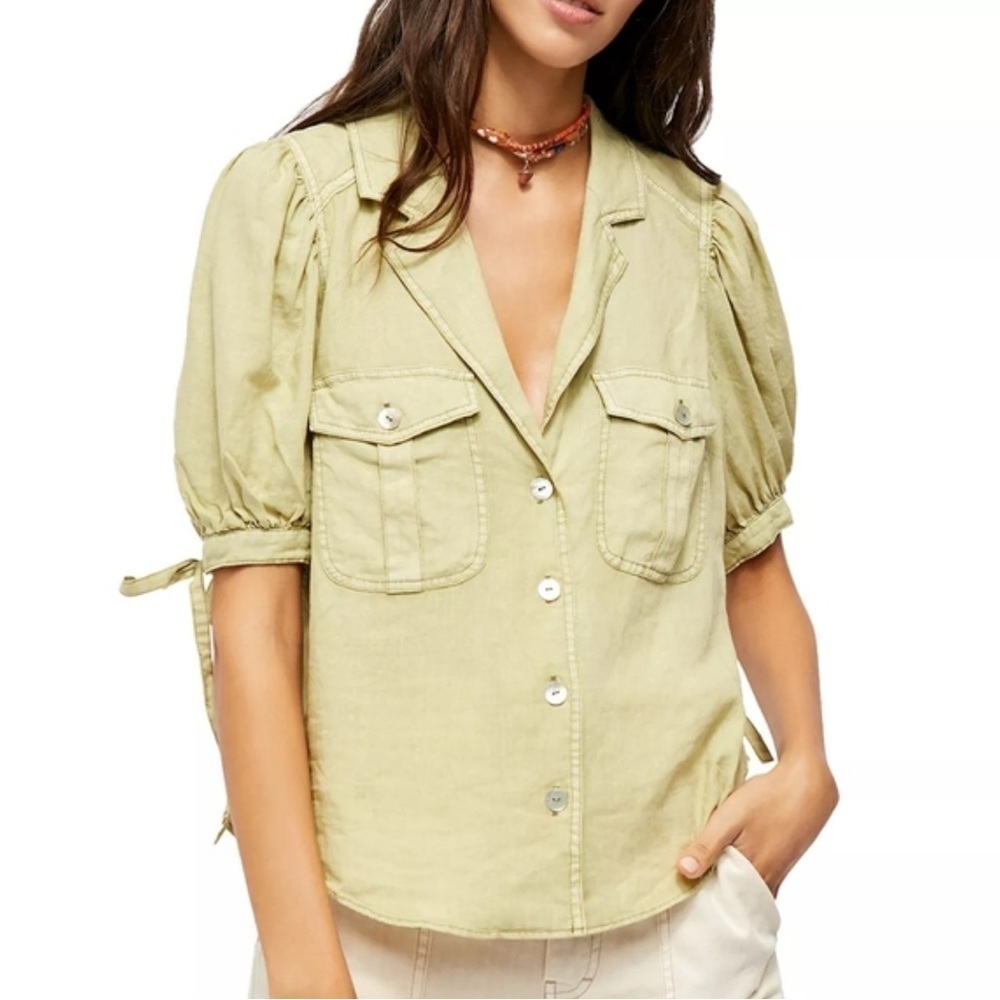 Free People Green Relaxed Linen Blend Button Down Top size Large
